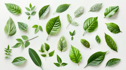 Creative Flat Lay of Assorted Green Leaves on White Background Generative AI