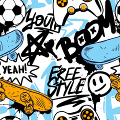 Иллюстрация без названияAbstract seamless grunge pattern for boy. Urban style modern background with colorful skateboards. Sport extreme style creative wallpaper for guys. © artlavi_design