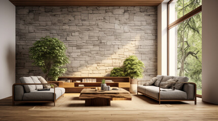 A modern living room with a unique wood and stone wall, green plants, and plenty of natural light