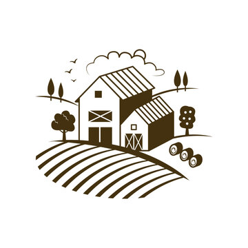 recommend clip art: Rural retro landscape with farmers house and hay barn on farm fields vector illustration