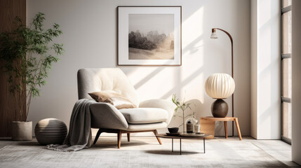 A modern living room with a grey armchair, minimalistic art prints, and a white shag rug
