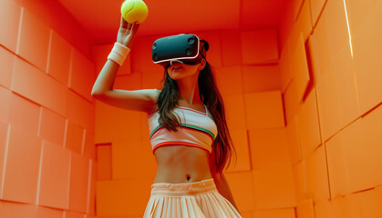 Woman with VR Headset Playing Virtual Tennis in Simulated Environment