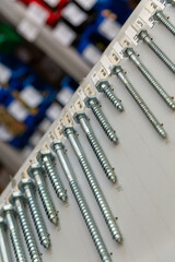An assortment of screws with sizes and prices