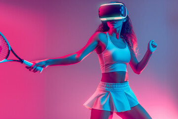 Athletic Woman Playing Virtual Reality Tennis