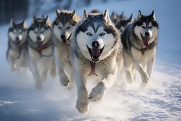Naklejka premium team of malamutes is running through the snow. northern sled dogs.