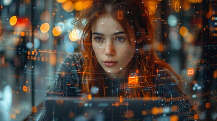 The freelancer of the future may be working with a holographic projection surrounding them. In a cafe, a young woman works with her laptop and phone under the gaze of a holographic projection. - obrazy, fototapety, plakaty