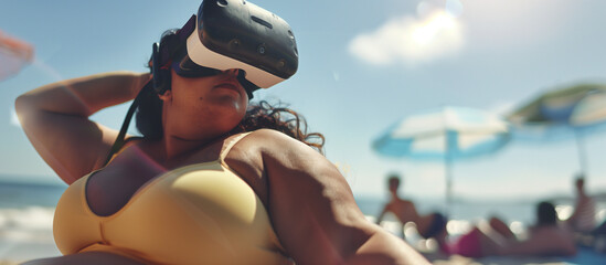 Beachgoer Relaxing with a VR Headset at the Seaside
