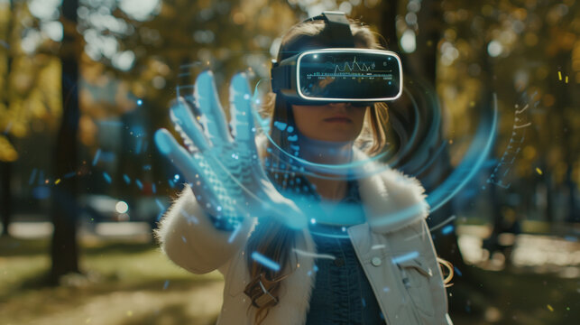 Woman in VR Headset Experiencing Interactive Holographic Technology in Autumn Park