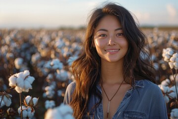 smiling Asian woman in a T-shirt stands in a cotton field. harvesting. cotton picker. - obrazy, fototapety, plakaty