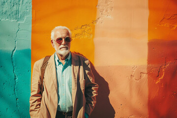 Portrait of an elderly man wearing sunglasses against a bright wall on a sunny day.