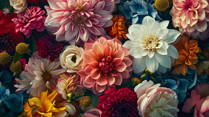 A dreamy view of 4K HDR fresh flowers arranged in a flowing pattern on a solid color surface
