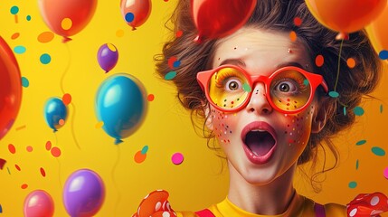 funny girl in red glasses among colorful balloons, April Fools Funny Banner - obrazy, fototapety, plakaty