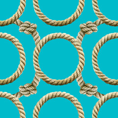 Seamless pattern watercolor Rope with knot round frame. Endless loop twisted illustration. Ropes, rounded borders, decorative circles of marine cable. Nautical knot circle on blue green background.