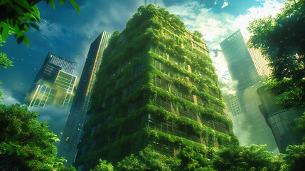Ecological architecture in Milan, green skyscraper design with nature integration, modern urban landscape - obrazy, fototapety, plakaty