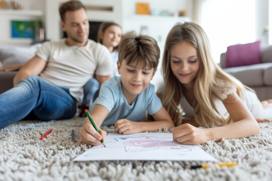 A family of four is sitting on the floor, drawing pictures together