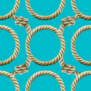 Seamless pattern watercolor Rope with knot round frame. Endless loop twisted illustration. Ropes, rounded borders, decorative circles of marine cable. Nautical knot circle on blue green background.