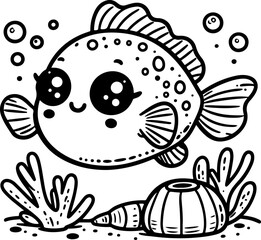 Cute baby fish black outline vector illustration. Coloring book for kids.