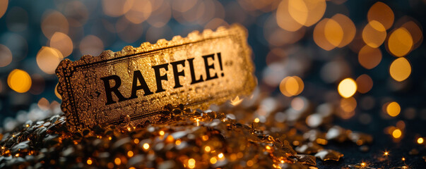 Golden raffle ticket with RAFFLE! text, symbolizing chance, competition, and luck in a prize draw or lottery event with a unique serial number