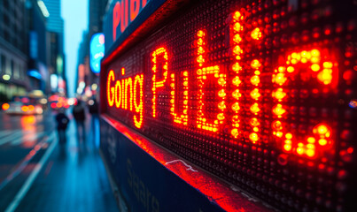 Obraz premium Going Public illuminated text on stock market LED display indicating a company's initial public offering (IPO) amidst financial data