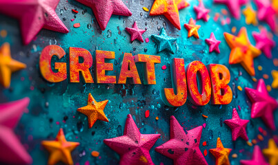 Colorful stars bursting out with the words GREAT JOB in bold, celebrating achievement, success, praise, or a job well done in a vibrant, congratulatory graphic - obrazy, fototapety, plakaty