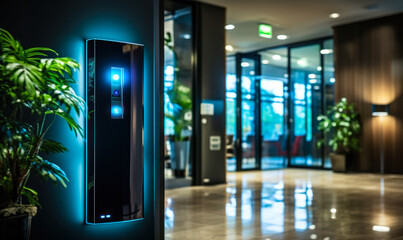 Modern office entrance with a biometric security access control system on the wall, ensuring restricted and safe entry
