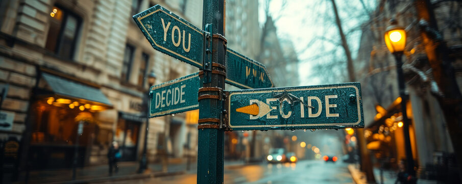 Green street signs with arrows pointing in opposite directions with the words YOU DECIDE suggesting a choice, decision making, or crossroads in life or business