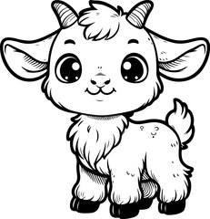 Cute baby goat black outline vector illustration. Coloring book for kids.