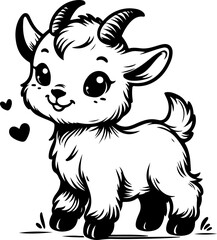 Cute baby goat black outline vector illustration. Coloring book for kids.