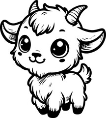 Cute baby goat black outline vector illustration. Coloring book for kids.