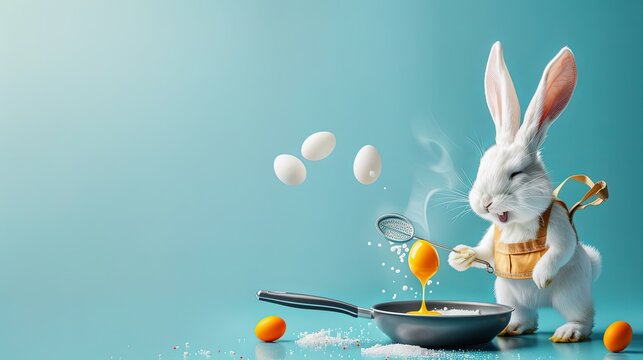 Easter bunny chef preparing eggs. blue background with place for text