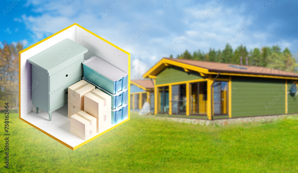 Aufkleber storage container near country house. warehouse unit cross-section. storage container with boxes and