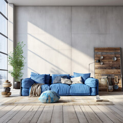 A modern living room with a bright blue couch made from recycled denim fabric and a side table crafted from reclaimed wood