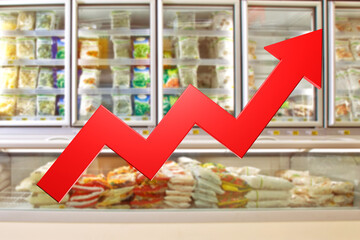 Rising food prices. Up arrow near supermarket shelves. Food inflation. Refrigerators from grocery...