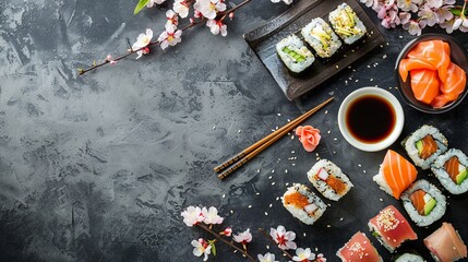 sushi on a beautiful table with spring flowers, sushi for Easter, copy space