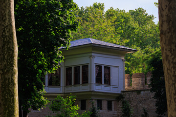 View of buildings and houses in public places in Turkey, sunny summer day