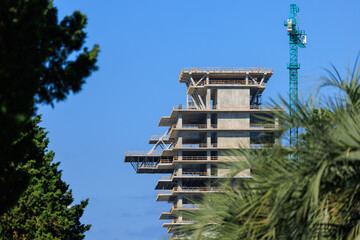 View of buildings and houses in public places in Turkey, sunny summer day