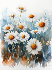 colorful chamomile watercolor illustration isolated 