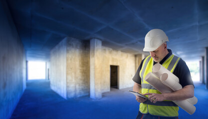 Man builder. Foreman in building under construction. Builder with papers and tablet. Contractor for...
