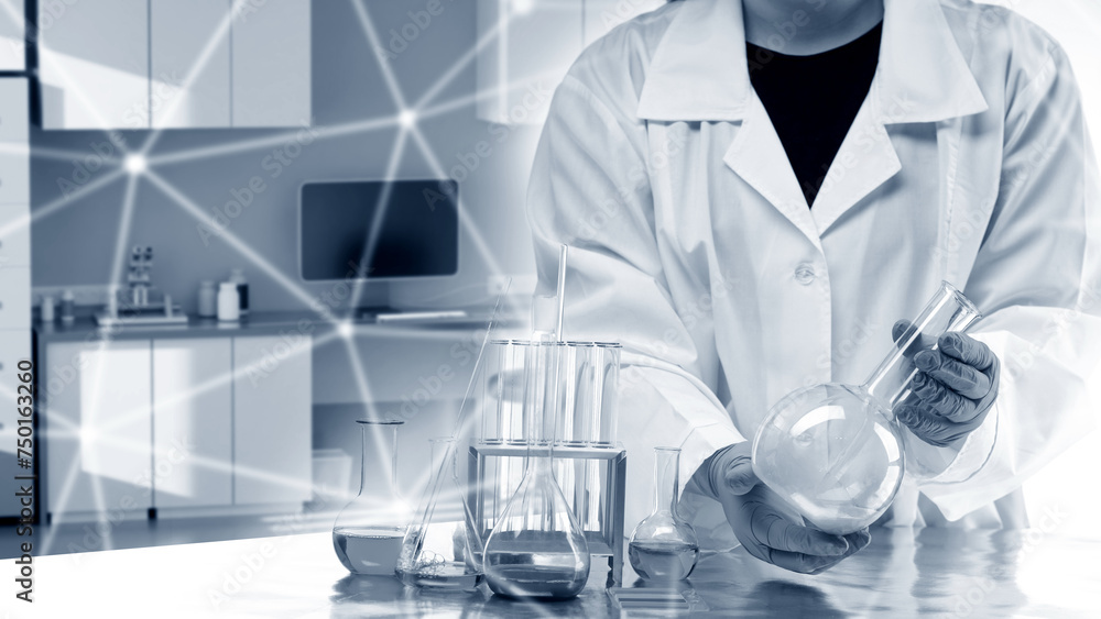 Poster man scientist. laboratory assistant at table with test tubes. scientist with laboratory glassware. c