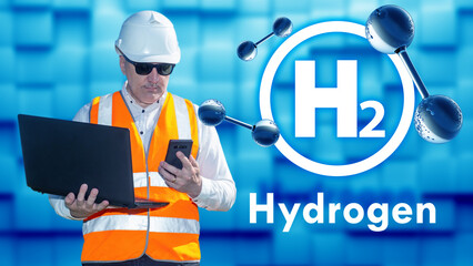 Man is engineer at hydrogen factory. H2 logo near technology. Hydrogen energy specialist. Engineer...