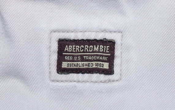 NYC February 2, 2024 Abercrombie and Fitch established 1892 trademark clothing tag label American lifestyle retailer that focuses on contemporary clothing for outdoorsmen isolated on white background
