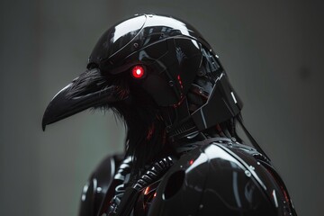 A black robot with a crow head and glowing red eyes