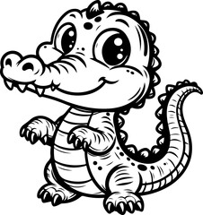 Cute baby crocodile black outline vector illustration. Coloring book for kids.