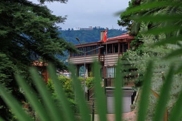 View of buildings and houses in public places in Turkey, sunny summer day