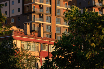 Fototapeta premium View of buildings and houses in public places in Turkey, sunny summer day