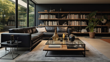 A modern living room with augmented reality bookshelves, a black leather sofa, and a glass-top end table