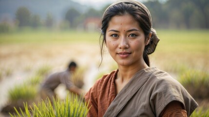 Portrait of a beautiful Asian woman with few freckles on a rice plantation. She wears brown and gray clothes
