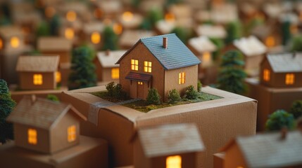 Model of a toy cottage house on a wooden platform close-up, concept of concluding a purchase and sale agreement, bank loan or real estate rental, closing a deal. - obrazy, fototapety, plakaty
