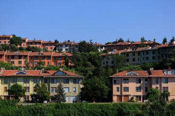 Fototapeta na wymiar View of buildings and houses in public places in Turkey, sunny summer day