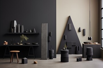 Sleek modern podium display with geometric stone and rock shapes in black, dark, and gray tones